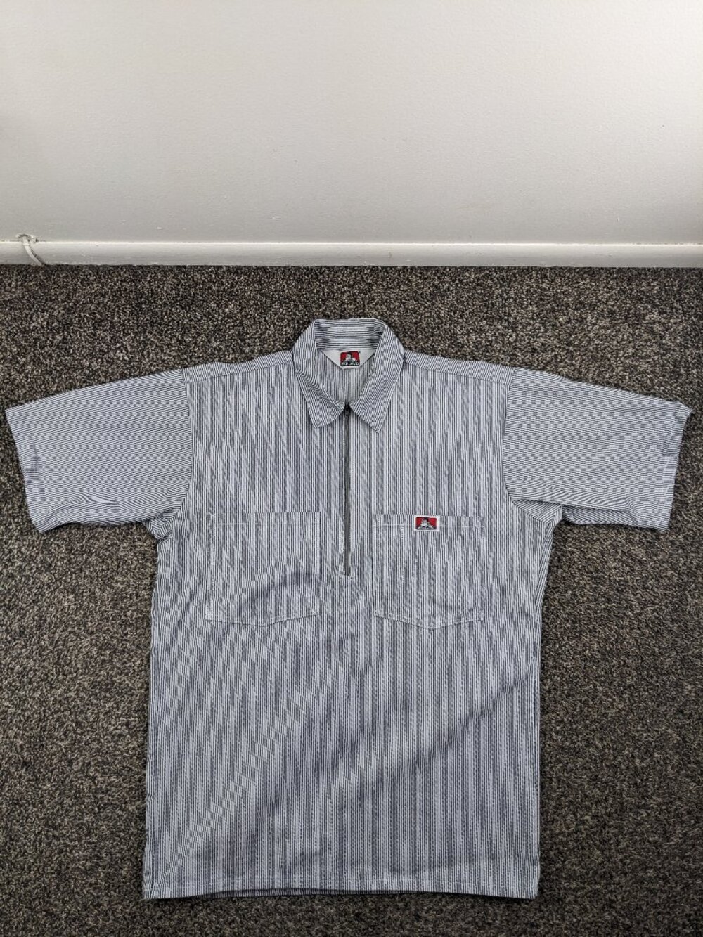 Vintage Ben Davis Shirt Mens Small Blue White 1/4 Zip Collared Work Made in USA